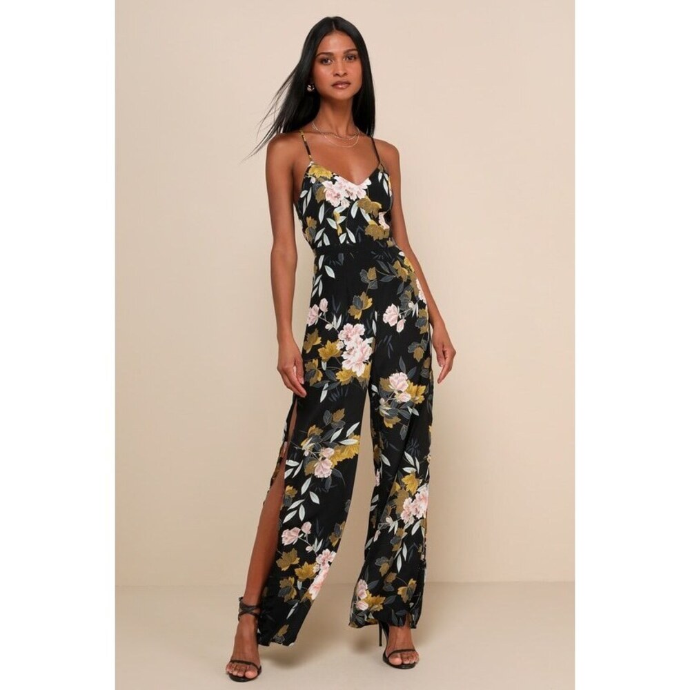 Lulus Beautiful Blooms Black Floral Print Wide-leg Jumpsuit - Size XL